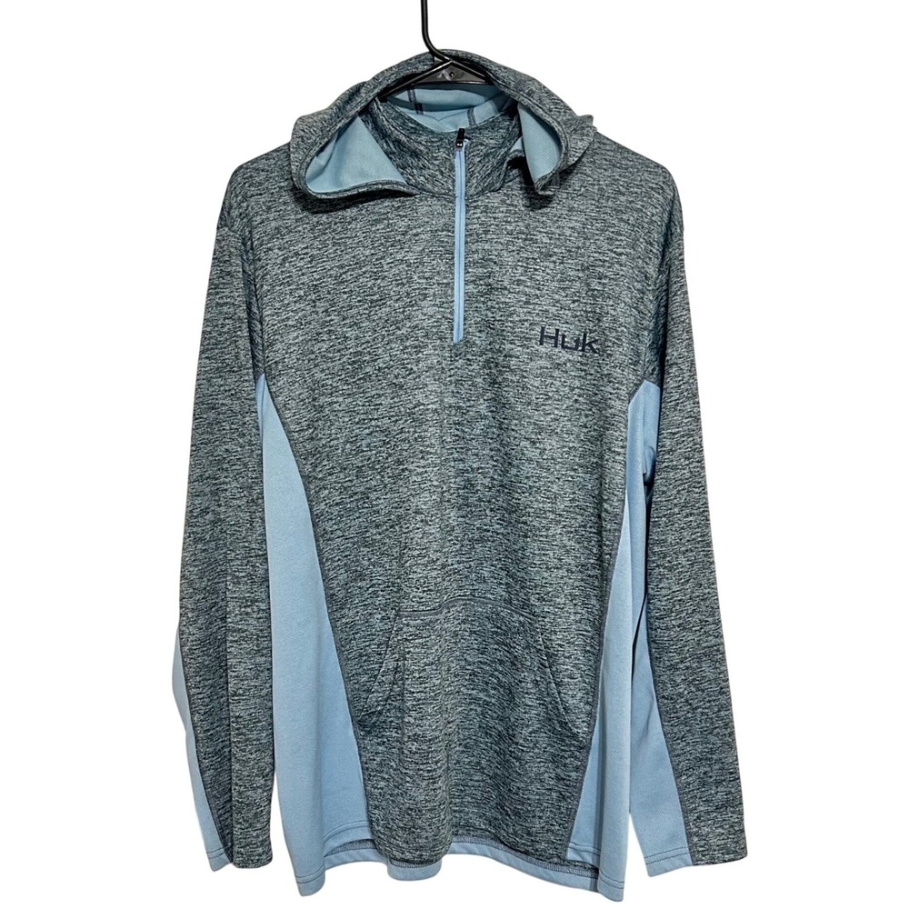 Huk Mens Icon X Coldfront Hoodie 1/4 Zip Grey Blue‎ Fishing Performance L